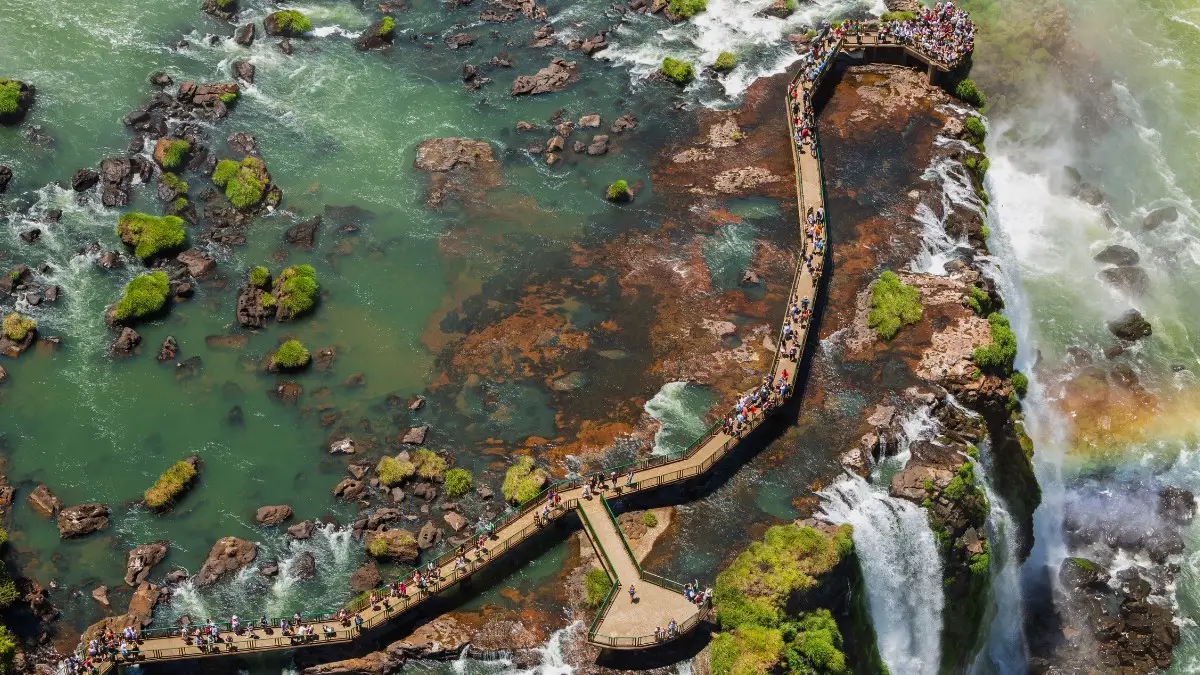 Aerial view of Iguazu Falls A wide view of Iguazu Falls surrounded by rainforest