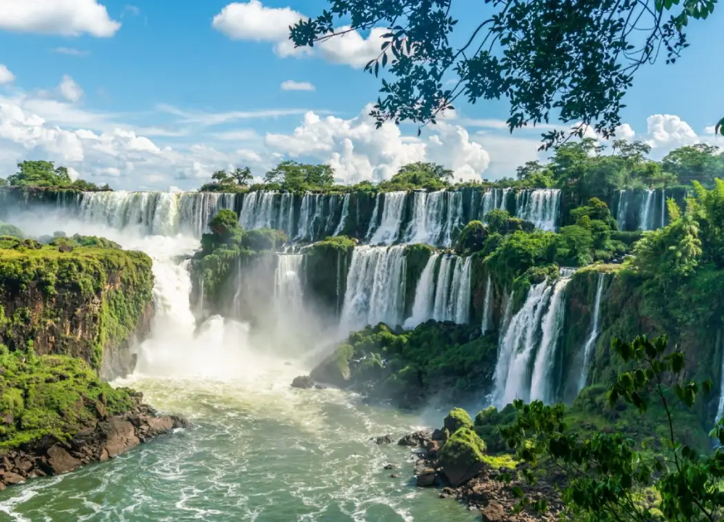 The Iguazu Falls covered with rainforest, flora, and fauna