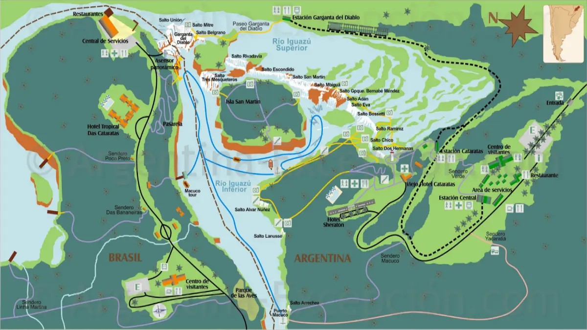 Iguazu Falls Map Argentina and Brazil Side Detailed information on the routes and trails of Iguazu Falls