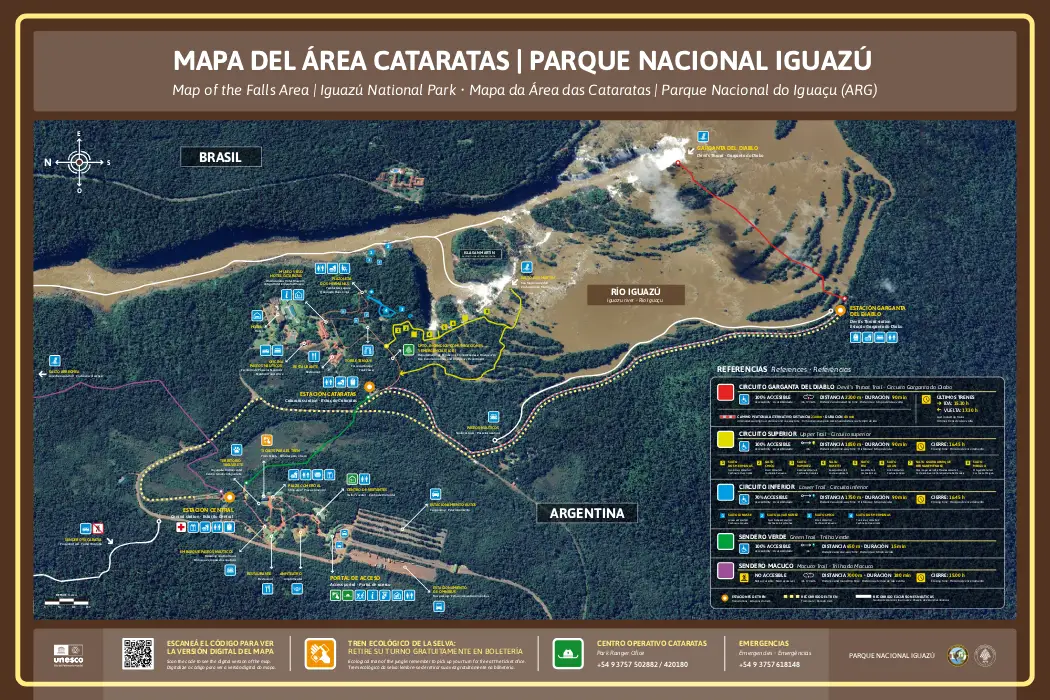 Trails, facilities, and key areas of Iguazu Falls are marked on the Iguazu Falls map