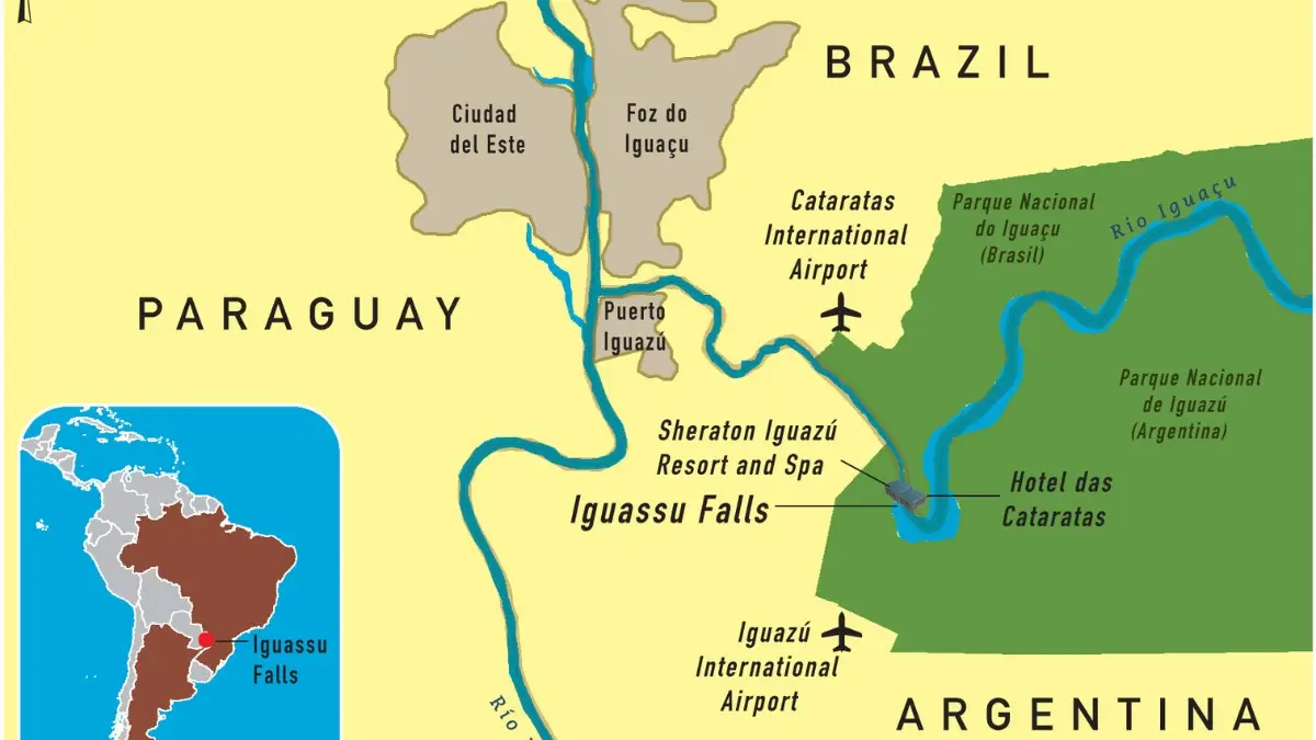 Route to Iguazu Falls and nearby cities are marked on the map